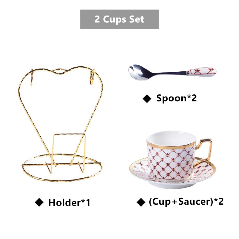 2Cups n Holder Red Элегантный кофейный сервиз из костяного фарфора, золотой фарфоровый чайный сервиз, роскошный чайник, чашка, современная керамическая кружка, сахарница, сливочник, чайный горшок, молочный кувшин - Цвет: 2Cups n Holder Red