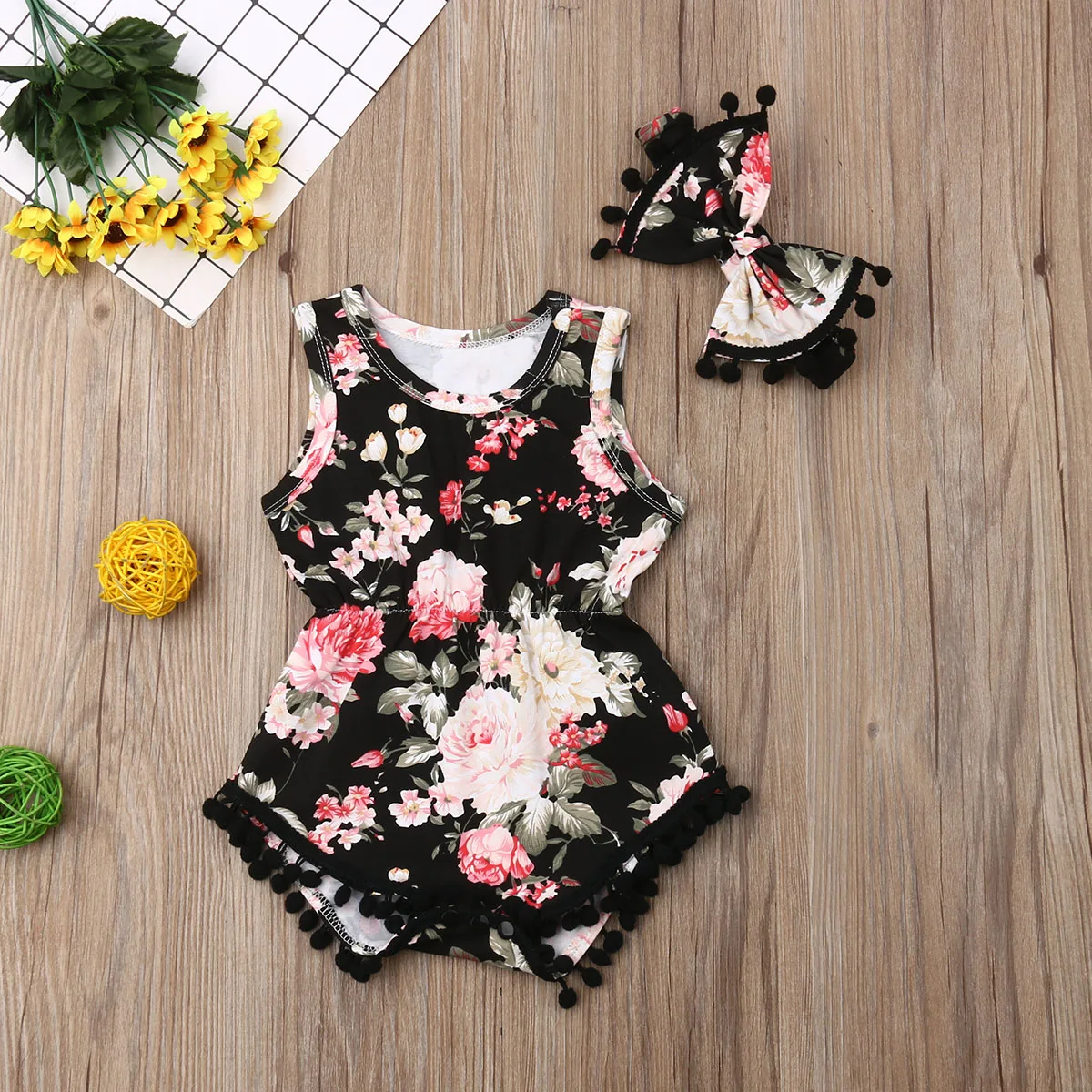 Одежда для новорожденных девочек с цветочным принтом безрукавка и повязка на