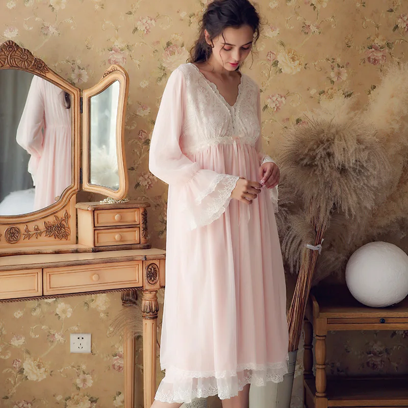 European Palace Style Vintage Night Dress Plus Size Lace Sleepwear New Spring Long Pink Cotton Nightgowns Elegant Home | Женская одежда