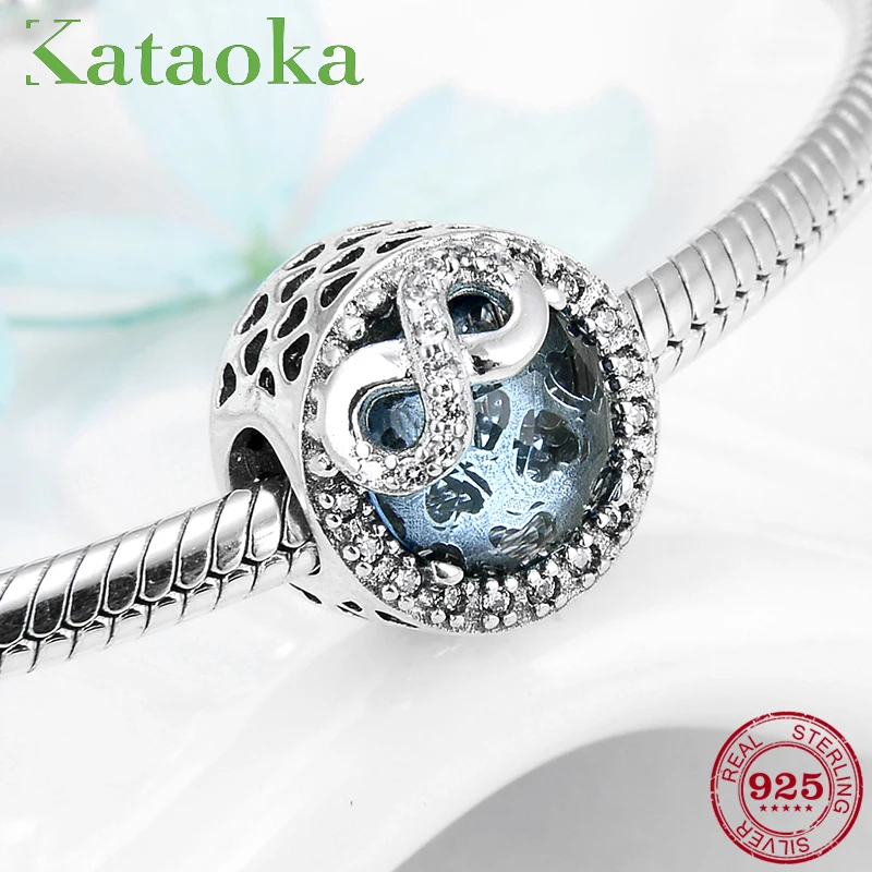 925 Sterling Silver Round shape Blue CZ Eternal love Charms Beads fit Pandora for Women Bracelets Bangles DIY Jewelry making | Украшения и