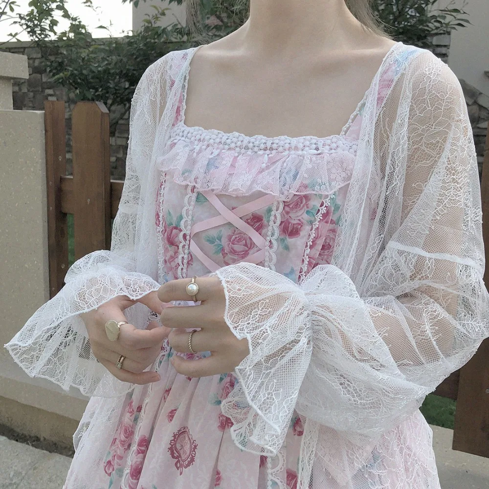 Винтажный кружевной топ в стиле милой Лолиты Свободный Топ с рукавами фонариками