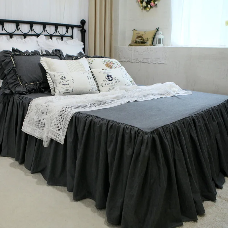 

Grey double ruffle bedding set lace design bedding bed set 100% cotton queen bedding set luxury duvet cover set bed bedspread