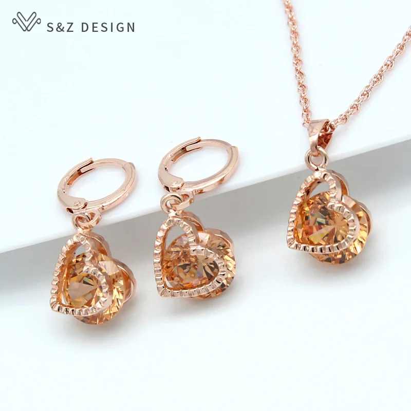 S& Z, новинка, модный 585, розовое золото, 5 цветов, в форме сердца, кубический цирконий, ювелирный набор для женщин, девушек, для свадебной вечеринки, модный подарок - Окраска металла: champagne