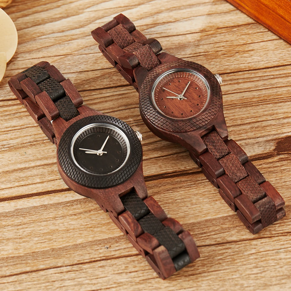 Винтажные деревянные часы Женские кварцевые наручные с браслетом Вишневое