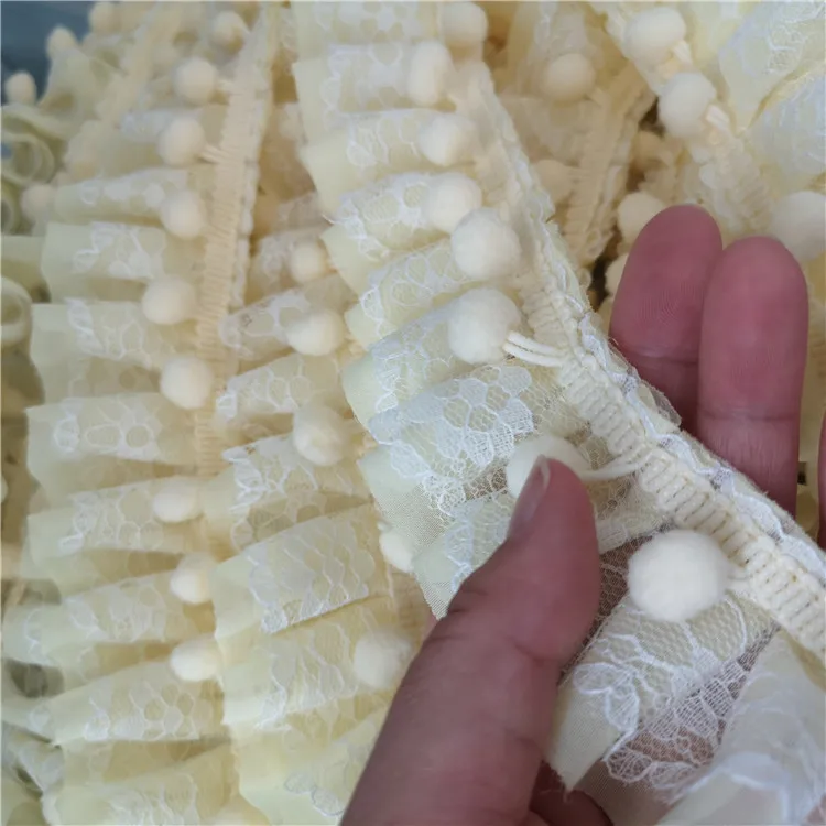 5 см Широкий Двухслойные плиссированные шифон 3D кружево ткань вышитые ленты помпоном гофрированная манжета отделкой для шторы платье Вышивание Декор
