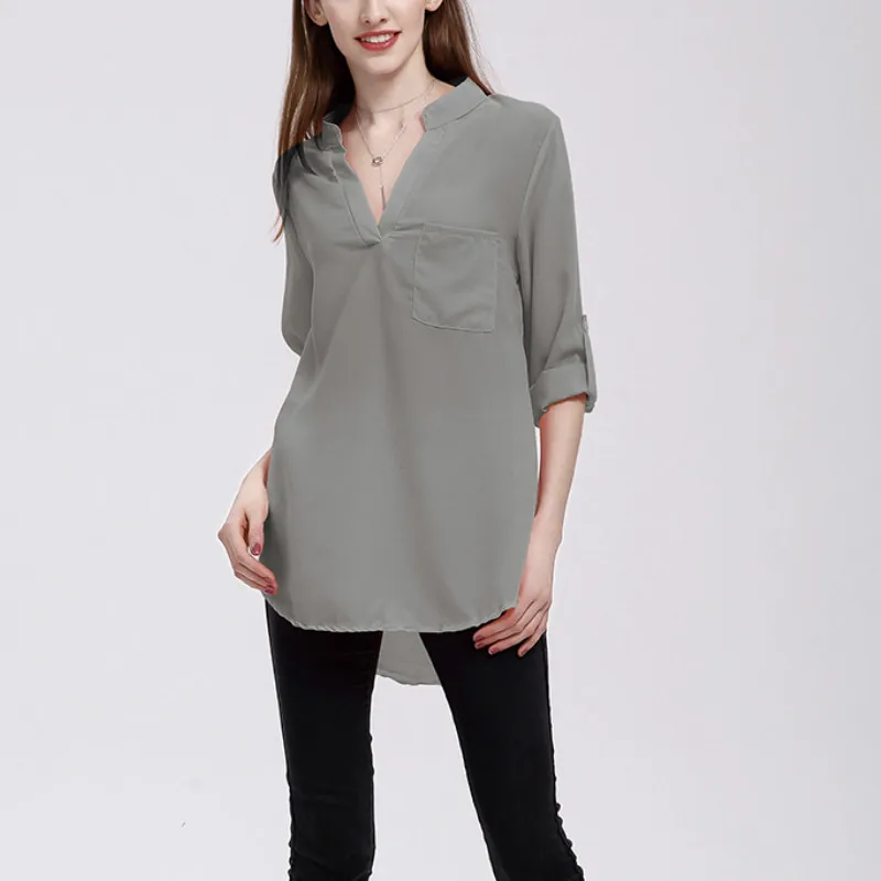 Женская блузка большого размера с v образным вырезом длинным рукавом карманом