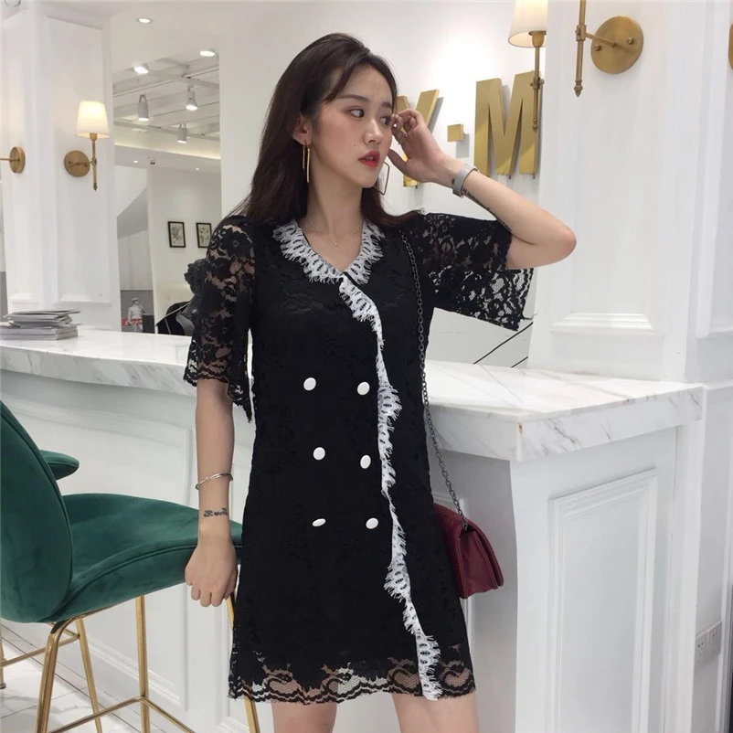 black lace mini dress Women's Clothing loose summer v-neck Female fashion perspective short dresses Vintage vetement femme new | Женская