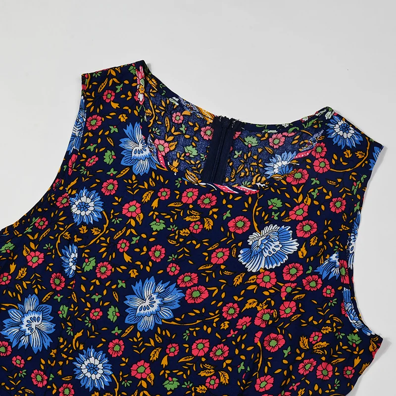 

DeRuiLaDy 2020 Summer Floral Print Mini Dress Women O Neck Sleeveless Zipper Dresses Vintage Casual Ladies Vestidos Robe Femme