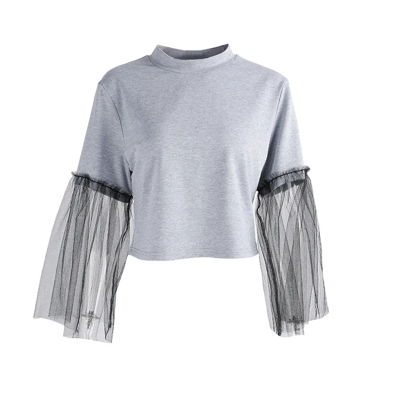 Новое поступление рубашка женские топы серая черная расклешенная сетка с