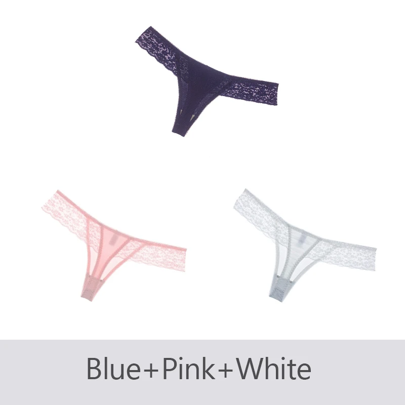 Blue Pink White 3 шт./лот, женские трусики, нижнее белье, сексуальные стринги, кружевные, Т-образные, прозрачные, женские трусы, женское хлопковое белье DULASI - Цвет: Blue Pink White