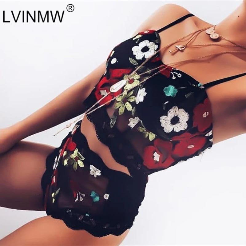 LVINMW Сексуальная Цветочная вышивка из двух частей наборы 2019 летние женские
