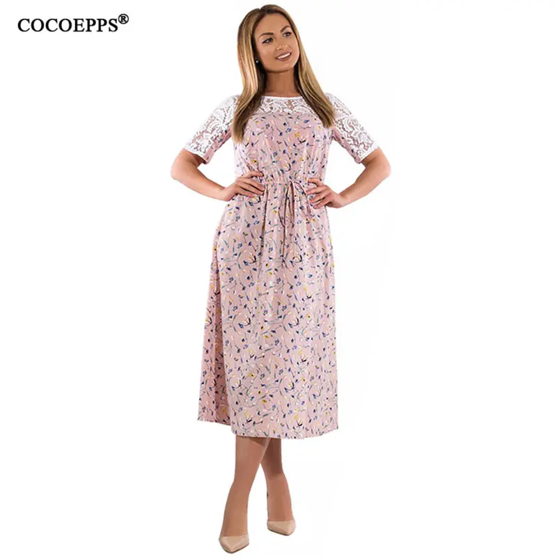 COCOEPPS Women Large Size Lace Floral Print Dress Ladies O Neck Summer Vintage Dresses Big Casual Loose Vestidos | Женская одежда