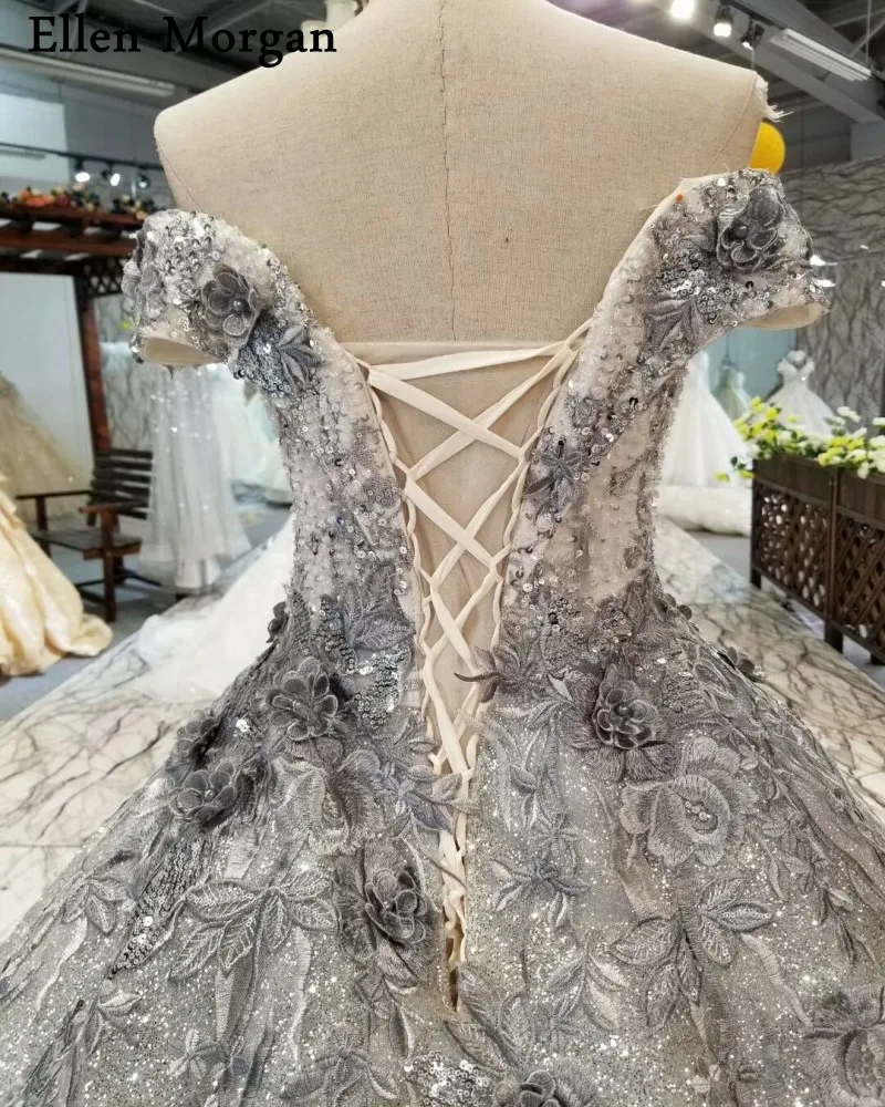 Grey Sexy Ball Gowns Wedding Dresses 2019 for Women Lace up Beaded 3D Flowers Glitter Fabric Sequined off Shoulder Bridal | Свадьбы и