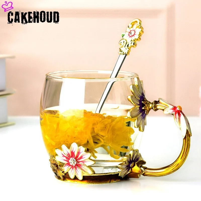 Цветная эмалированная чашка CAKEHOUD с металлической ручкой прозрачная стеклянная