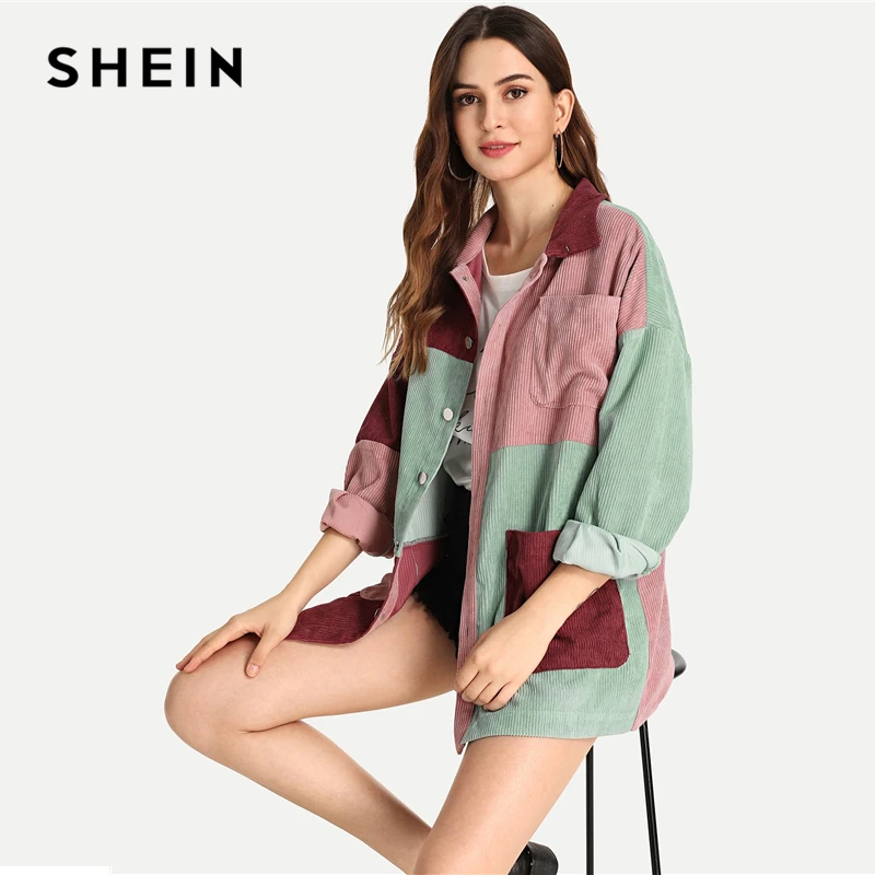 SHEIN Вельветовая Куртка С Контрастными Вставками Длинная Модная Куртка