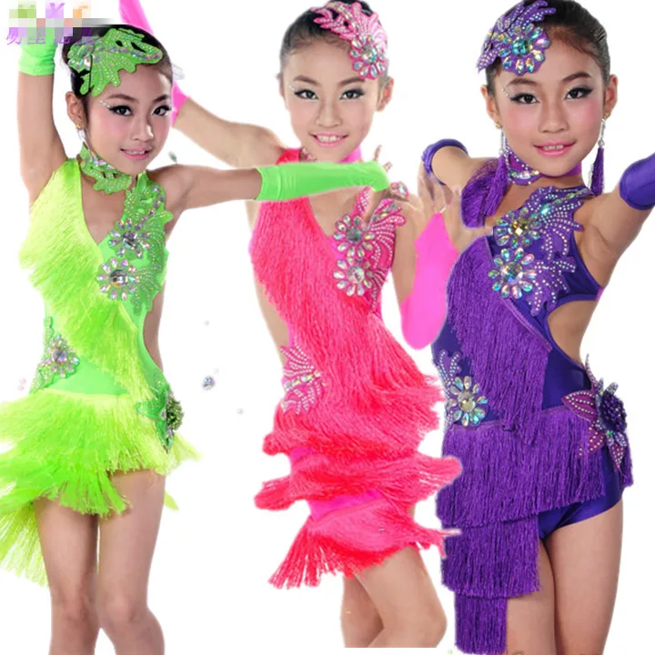 Платье для латинских танцев цвета фуксии и зеленого женское Girls110-160cm платье с