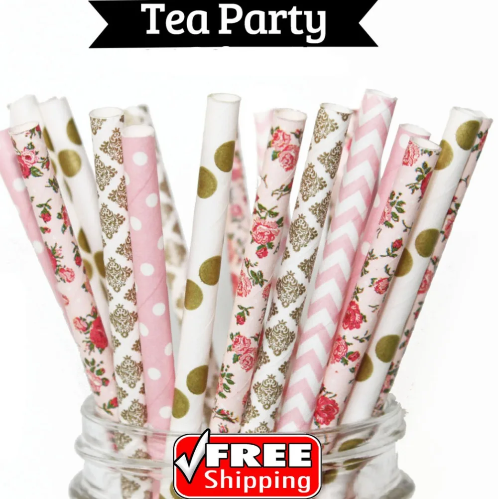 

250pcs Mixed 5 Designs Tea Party Themed Paper Straws-Light Pink,Gold,Chevron,Dot,Damask,Flower,Floral-Vintage Wedding Birthday