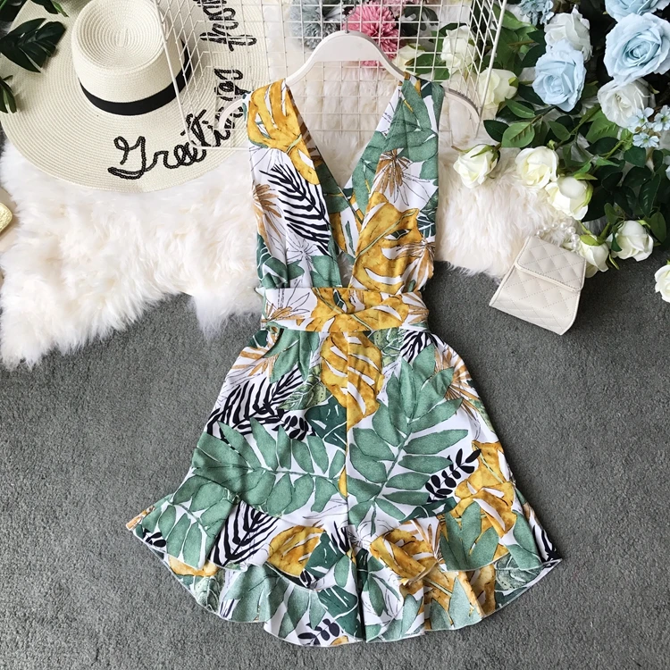 Пляжный Boho короткий женский летний комбинезон с открытой спиной и v-образным вырезом без рукавов комбинезон корейский цветочный принт плюс размер женский комбинезон