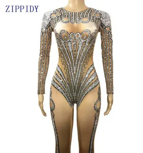 Fashion Sparkly Rhinestones Nude Stretch Bodysuit Crystals Stones Outfit Female Singer Dance Nightclub Performance Party Wear