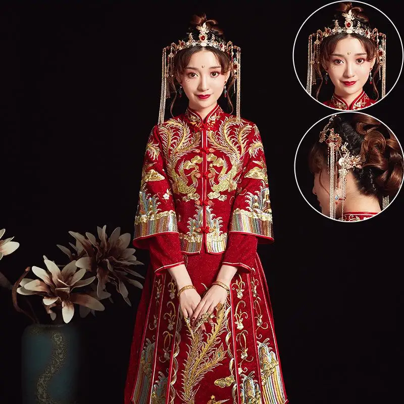 Изысканной вышивкой Украшенные стразами чехонг-костюм Hanfu Костюмы Традиционный китайский Для женщин свадебное платье высокое качественное платье Ципао - Цвет: Simple And Headwear