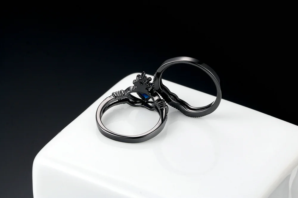 Холдинг Создан Blue Crystal любовь Сердце Цирконий Корона Обручальное Кольцо Наборы Серебристый Цвет Синий Кристалл ZYR616