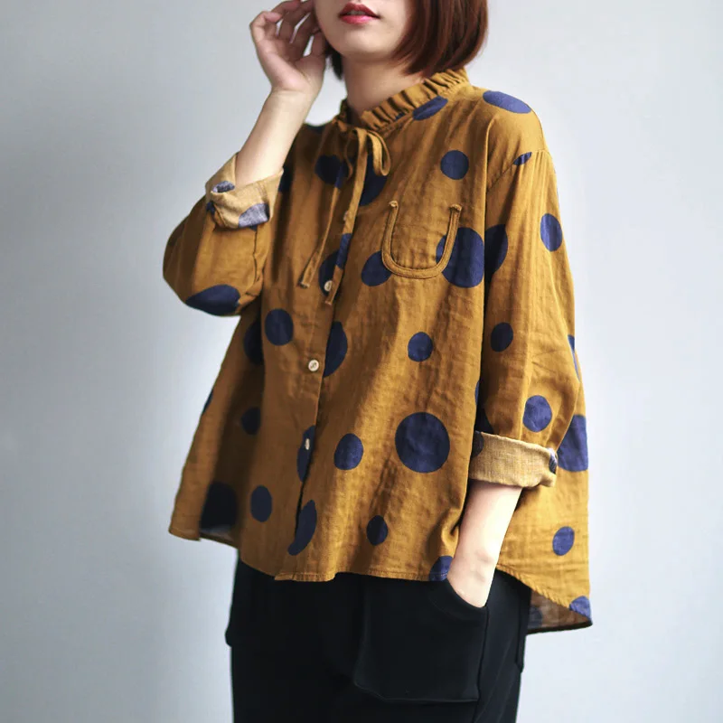 Блузка женская льняная с длинным рукавом модная повседневная рубашка в желтый