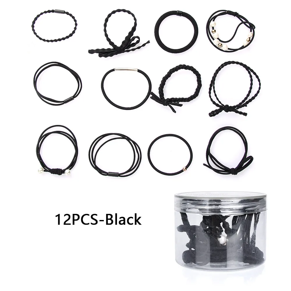 style 2 black 12 шт./бутылка лента Бант Веревки для волос Резиновая лента милые Галстуки для волос бант эластичная лента для волос женские аксессуары для волос для девочек - Цвет: style 2 black