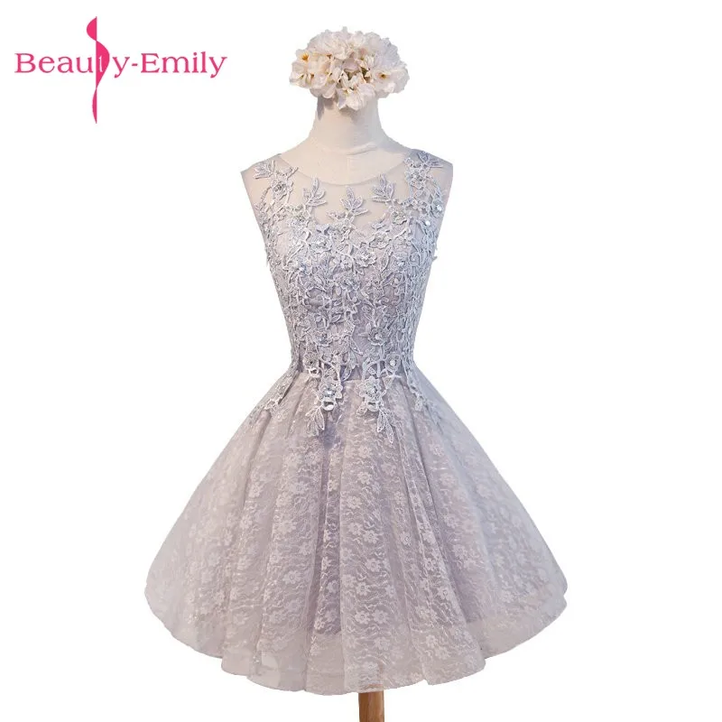 Женское Коктейльное Платье Beauty Emily серебристое короткое Кружевное платье на