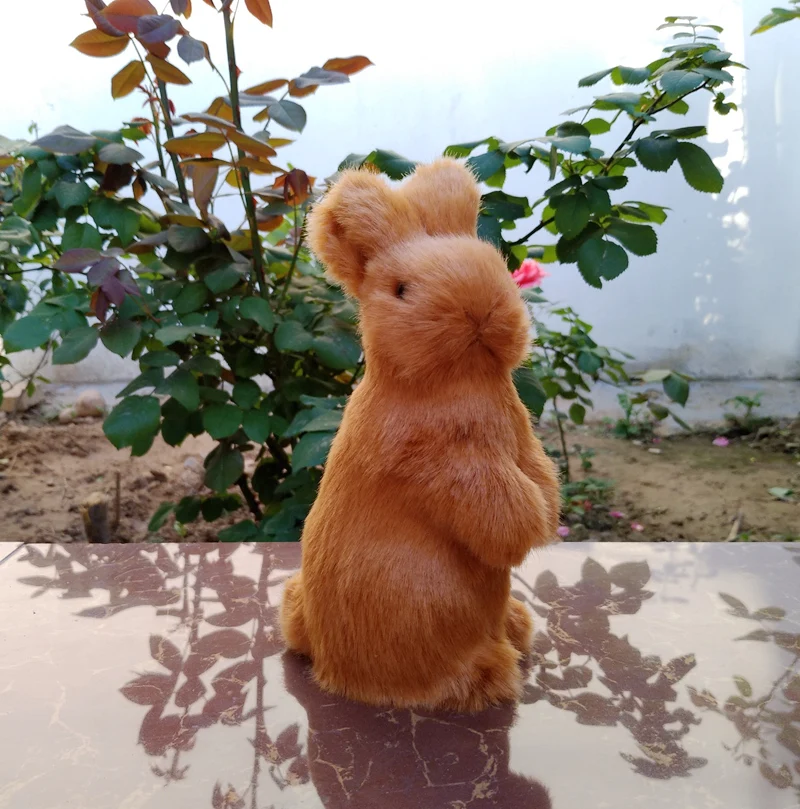 

new simulation brown rabbit model plastic&fur standing rabbit toy gift about 8x7x17cm