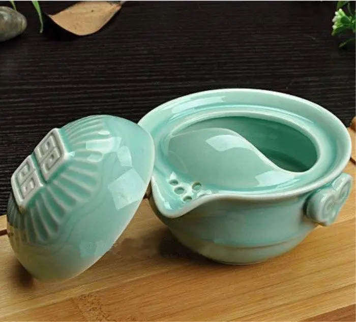 

Chinese KungFu Tea Tureen One Pot of Two Cups Travel Tea Gaiwan Set Handmade E