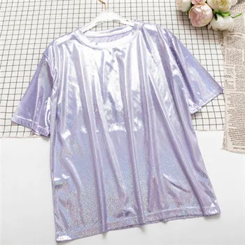 light purple Gowyimmes Лето корейской версии женские красивые Блестящая футболка одноцветное BLING блестящие футболки для девочек футболки с коротким рукавом Топы пуловеры W289 - Цвет: light purple