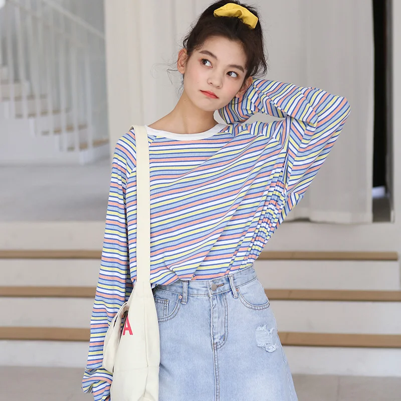 Harajuku Милая стильная полосатая футболка с длинным рукавом топы для женщин осенняя