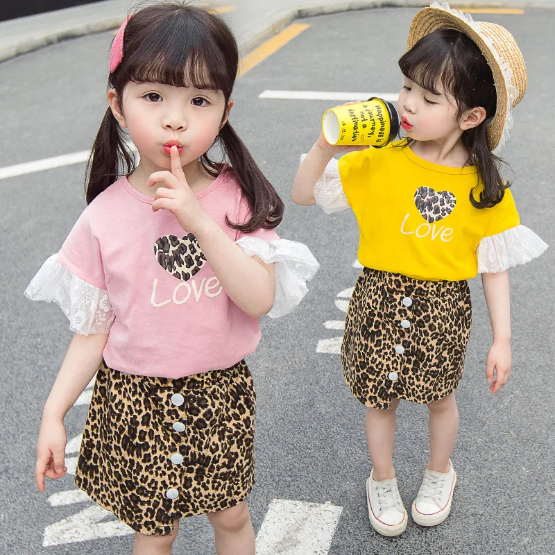 Baby Girl Clothes 2019 Summer Love Printed Lace Short Sleeve Shirt&ampLeopard Print Skirt Fashion Toddler Girls Clothing Set | Детская