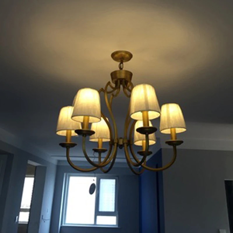 Винтажная медная люстра с 6 лампами тканевые оттенки Подвесная лампа для