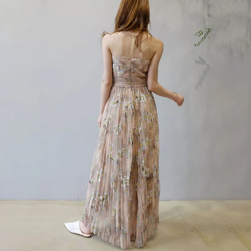 TWOTWINSTYLE Patchwork Print Party Dress For Women Sleeveless High Waist Slim Ankle Length Pleated Dresses Female Summer 2020 | Женская