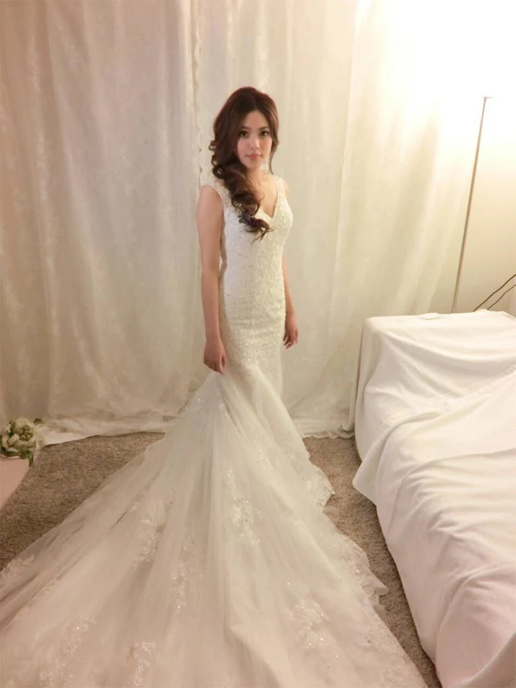Vogue of new fund 2015 word shoulder lace v-neck white gauze waist tail back the bride wedding dress 143 | Свадьбы и торжества