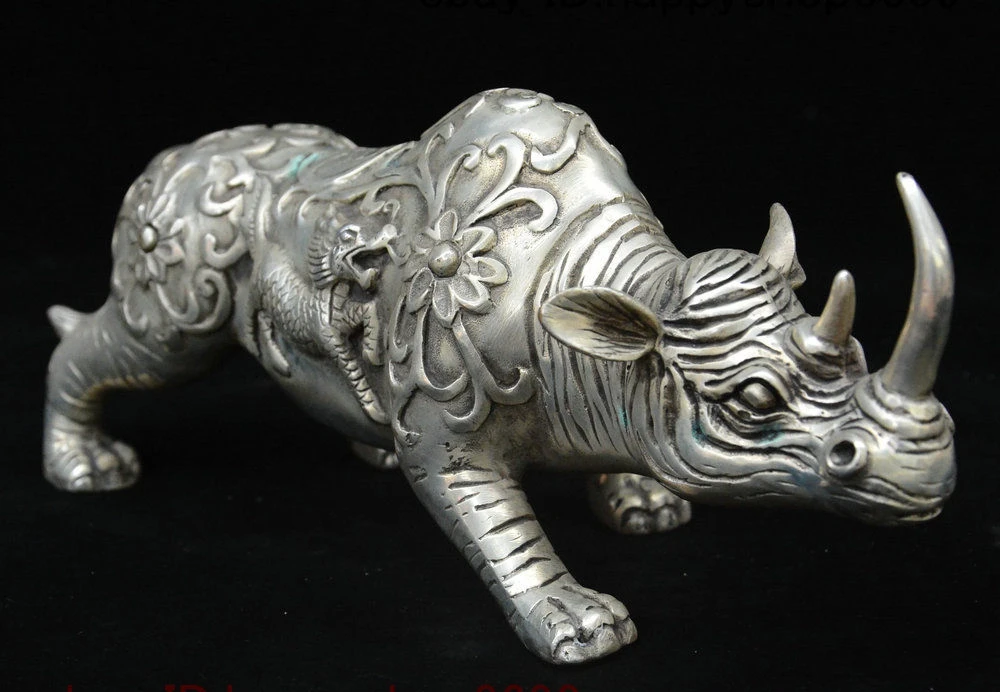 Китай серебряный фэн шуй Kylin Чи Лин Qilin Totems Rhinoceros Xi Ox Статуя богатства|Статуи и