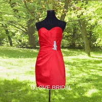 dlove bridal high quality simple red satin bridesmaid dress strapless sweetheart short sheath ruched maid of dresses real photos