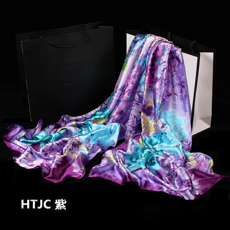 Женский атласный шарф из искусственного шелка винтажный с цветочным принтом