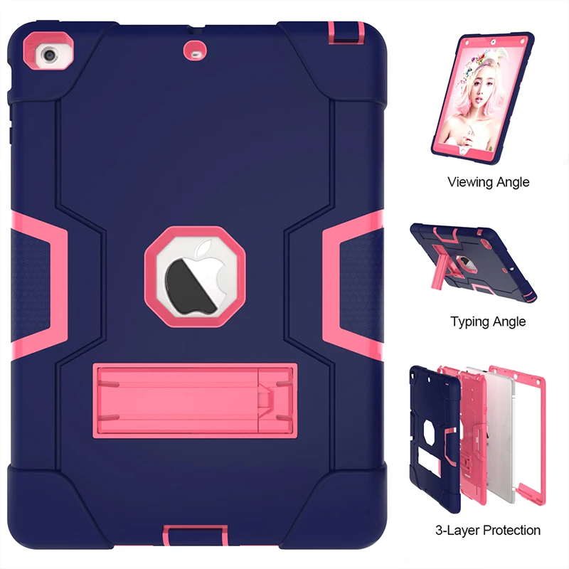 

3 in 1 Hybrid Case Silicone+PC Drop Resistance Cover with Kickstand for Apple iPad 6 Air 2 Tablet+Stylus