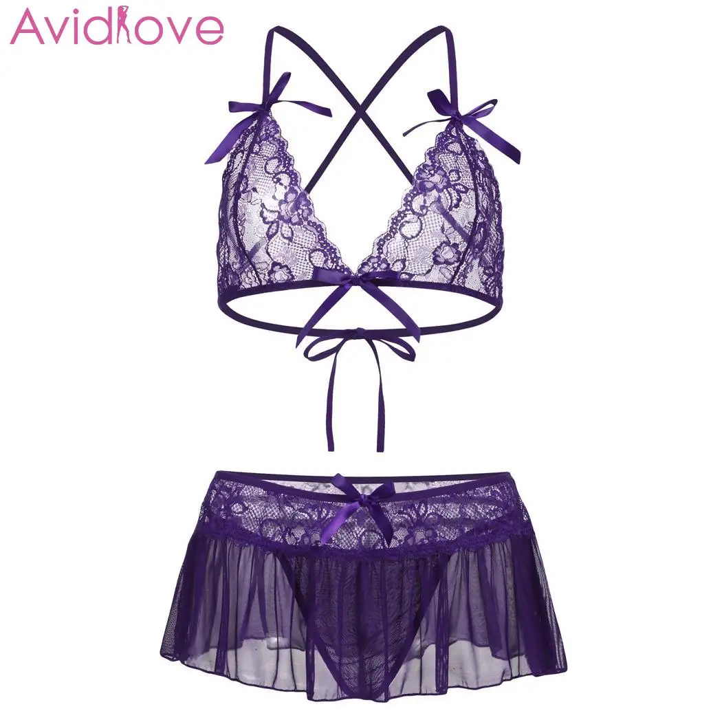 Purple Avidlove Babydoll, сексуальное женское нижнее белье, набор, женское, сексуальное, на бретельках, кружевное, цветочное, прозрачное, кружевное, с бантом, белье, пижама, стринги - Цвет: Purple