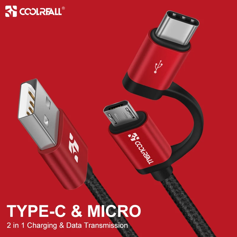 Coolreall 2.4A Micro USB кабель 2 в 1 usb type C Быстрая зарядка данных USB C зарядное устройство кабель для samsung Xiaomi Oneplus huawei P9