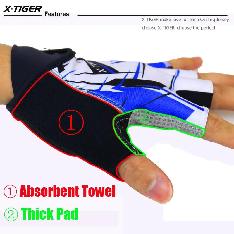 Фото X-Tiger высококачественные шестигранные 3D гелевые противоударные спортивные перчатки с полупальцами MTB велосипедные перчатки №5