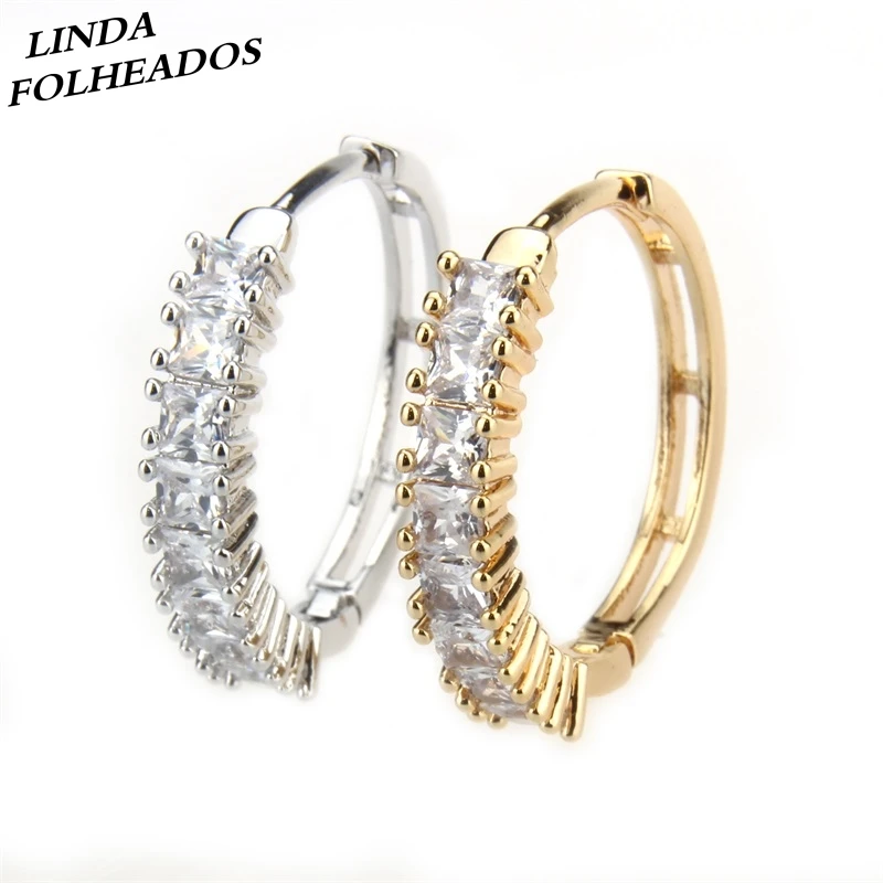 Женские серьги кольца LINDA FOLHEADOS модные золотистые с белым кубическим цирконием