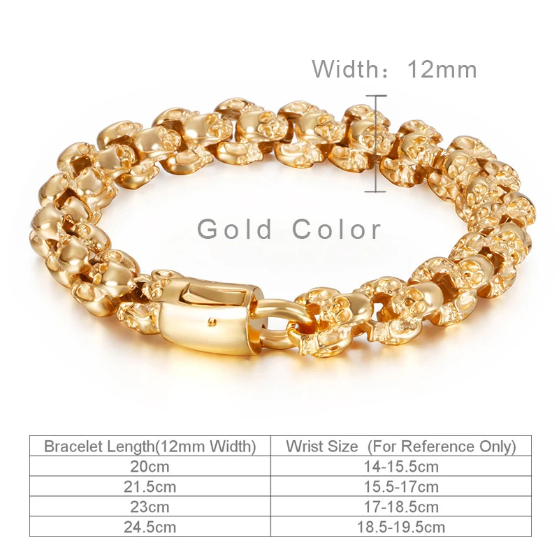 Gold Color 12mm Fongten Винтаж Череп нержавеющая сталь для мужчин Черное золото ретро пользовательский браслет дружбы Модные аксессуары ювелирные изделия - Окраска металла: Gold Color 12mm