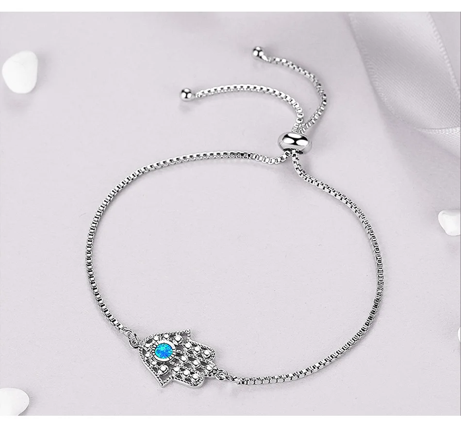 Синий кристалл из опала Lucky Eye& Hamsa браслет серебряный шарм браслет рука Фатимы регулируемый браслет для женщин модные ювелирные изделия