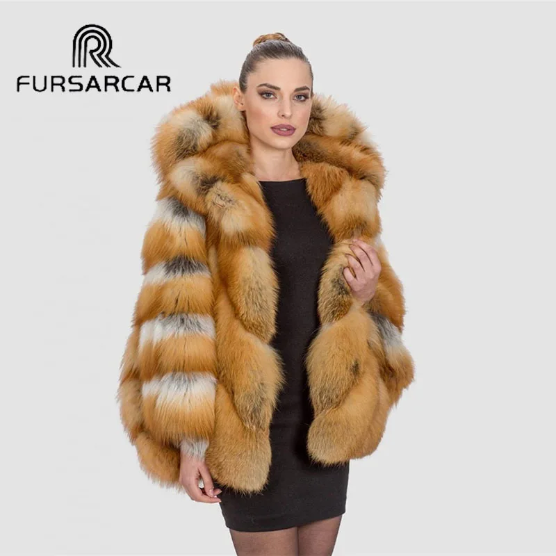 Женская Шуба с капюшоном FURSARCAR теплая шуба из натурального Лисьего меха рукавами