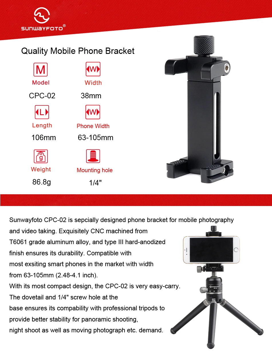 SUNWAYFOTO CPC-02 Аксессуары для мобильных телефонов Профессиональный Настольный зажим для мобильного телефона и подставка Профессиональный штатив держатель для телефона кронштейн