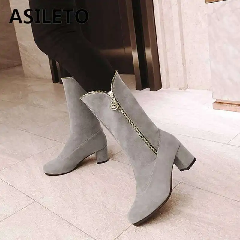 ASILETO новые зимние сапоги до середины икры женские замшевые кожаные с круглым