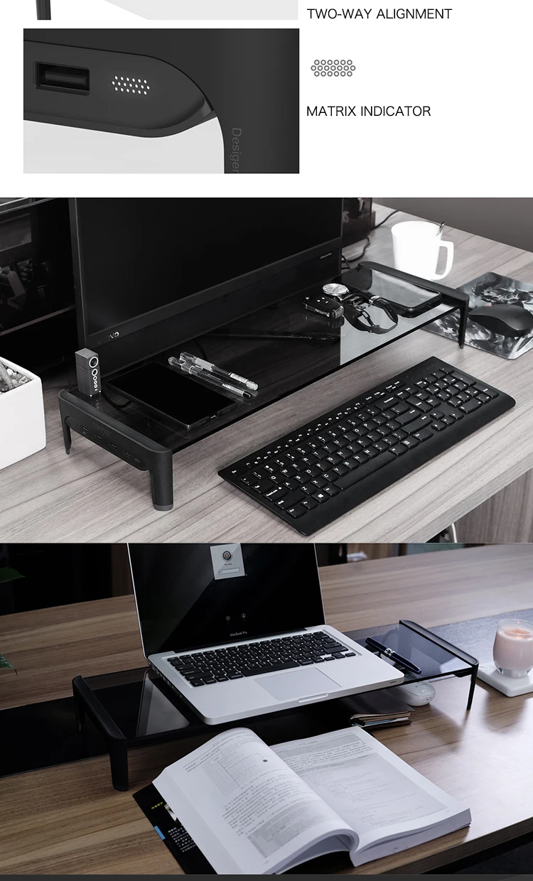QDIY ЖК-монитор компьютерный Настольный Дисплей Держатель USB Стекло повышенные полки кронштейн для хранения монитор держатель